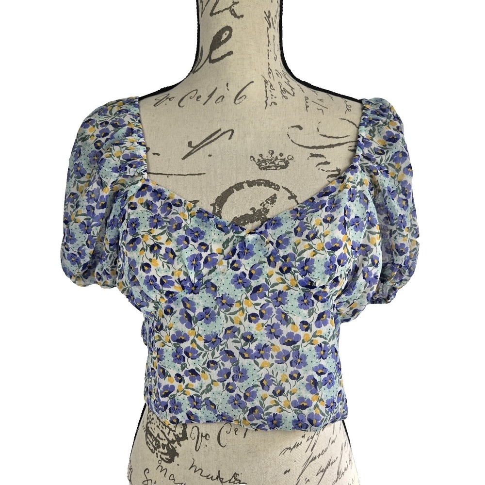 Promesa Womens Small Blue Yellow Floral Chiffon Crop Top Puff Sleeve New
